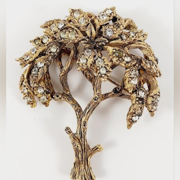 Hattie Carnegie VTG Signed Tree Of Life Rhinestones Textural Gold Tone Brooch - Picture 1 of 12